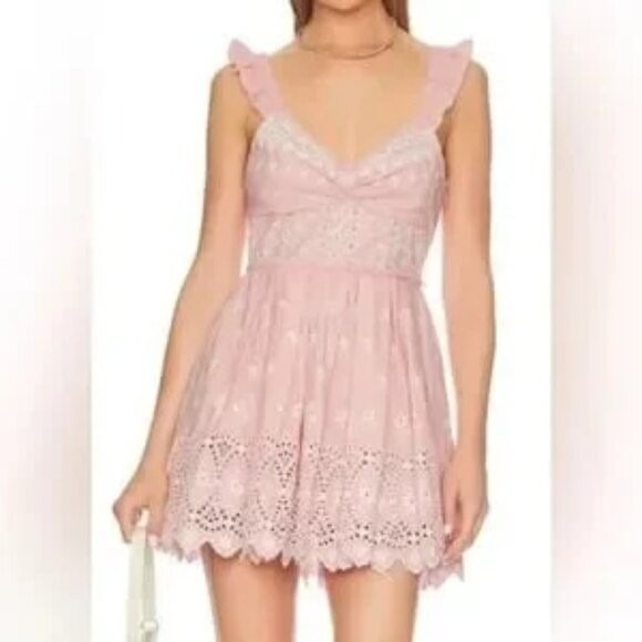 Loveshackfancy Mochi Eyelet Cotton Pleated Floral Print Mini Dress - Sz S